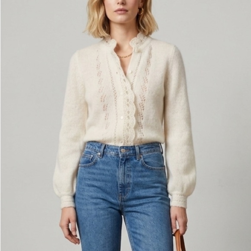 Sézane Angie Mohair Merino Wool Button Down Cardigan in Ecru